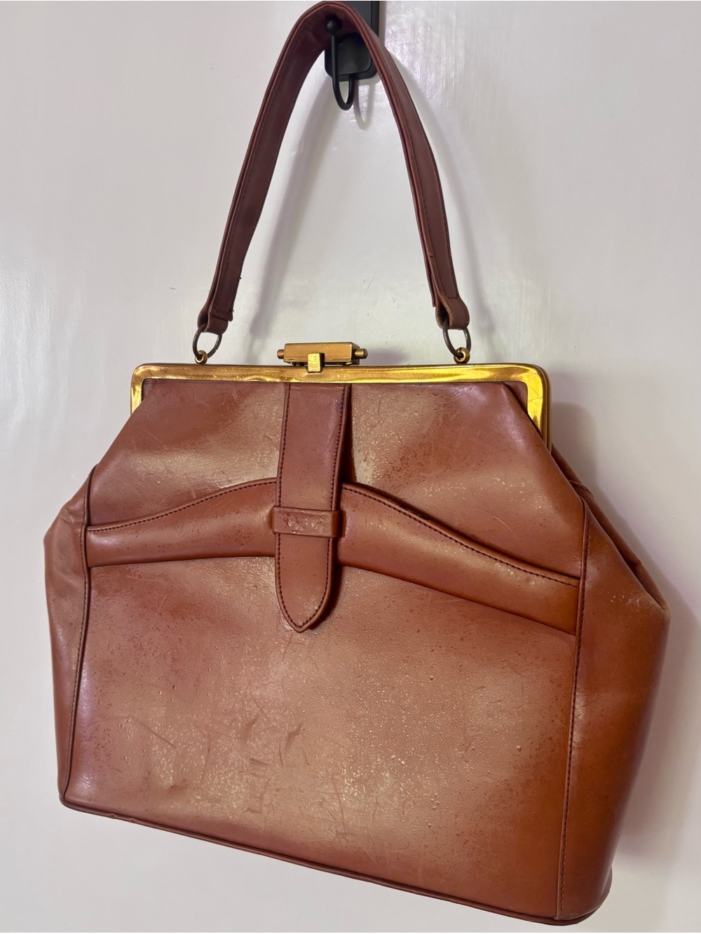 Letisse| Vintage Cognac Genuine Leather Frame Top Handle Handbag Satchel 60s 70s - Picture 5 of 8